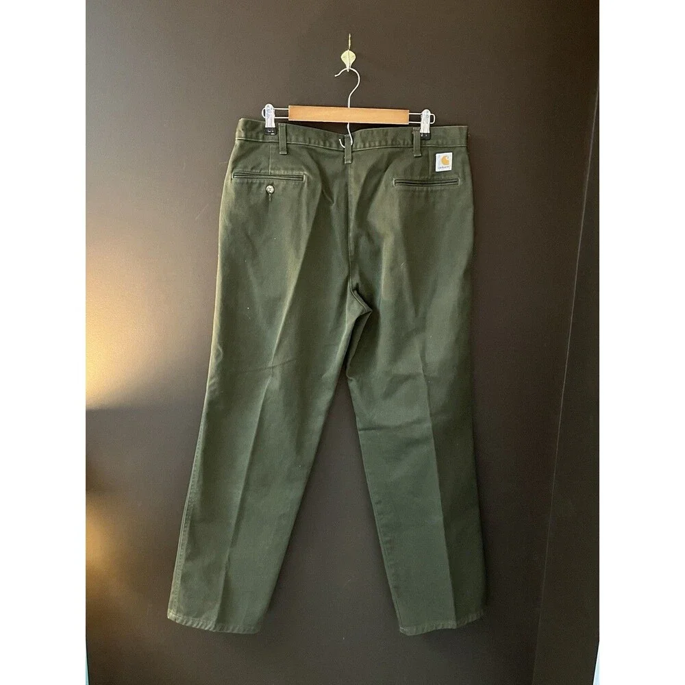 VTG Y2K Carhartt WIP Pleated Pants Mens Olive Green Canvas Chino Trousers 36/30